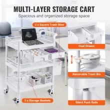 VEVOR 3 Tiers Lab Carts Mobile Medical Cart with 3 Trays & 3 Trash Cans White