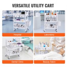 VEVOR 3 Tiers Lab Carts Mobile Medical Cart with 3 Trays & 3 Trash Cans White