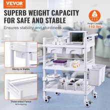 VEVOR 3 Tiers Lab Carts Mobile Medical Cart with 3 Trays & 3 Trash Cans White, Trolley Storage Cart with PP Material, Lab Rolling Cart with 4 Silent Wheels for Lab, Clinic, Hospital, Salon, Office