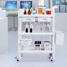 VEVOR 3 Tiers Lab Carts Mobile Medical Cart with 3 Trays & 3 Trash Cans White, Trolley Storage Cart with PP Material, Lab Rolling Cart with 4 Silent Wheels for Lab, Clinic, Hospital, Salon, Office