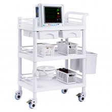 VEVOR 3 Tiers Lab Carts Mobile Medical Cart with 3 Trays & 3 Trash Cans White, Trolley Storage Cart with PP Material, Lab Rolling Cart with 4 Silent Wheels for Lab, Clinic, Hospital, Salon, Office