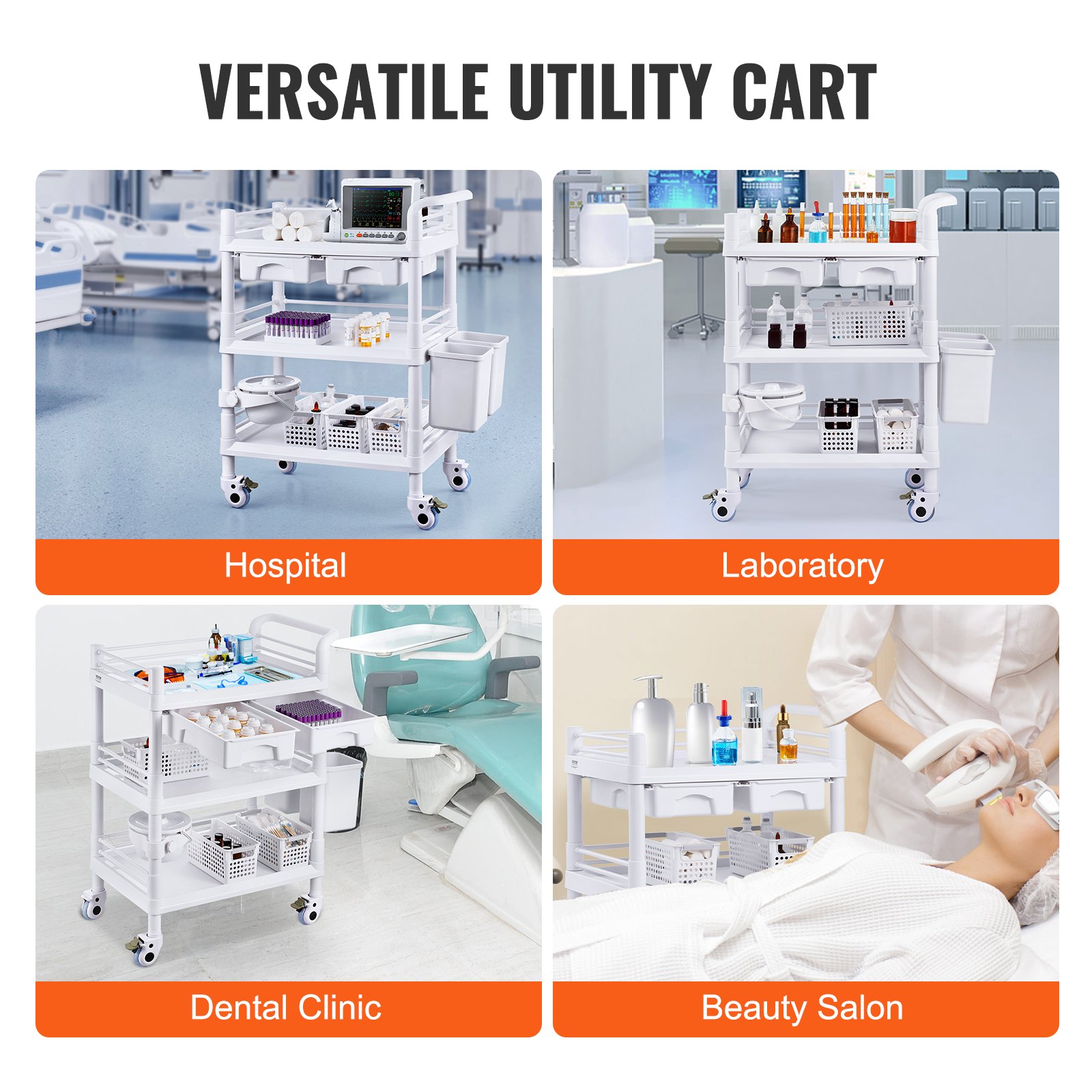 VEVOR 3 Tiers Lab Carts, Lab Utility Cart with 3 Trays & 4 Silent Wheels, Mobile Medical Cart with PP Material, Lab Rolling Cart with 3 Trash Cans for Lab, Clinic, Hospital, Salon, White