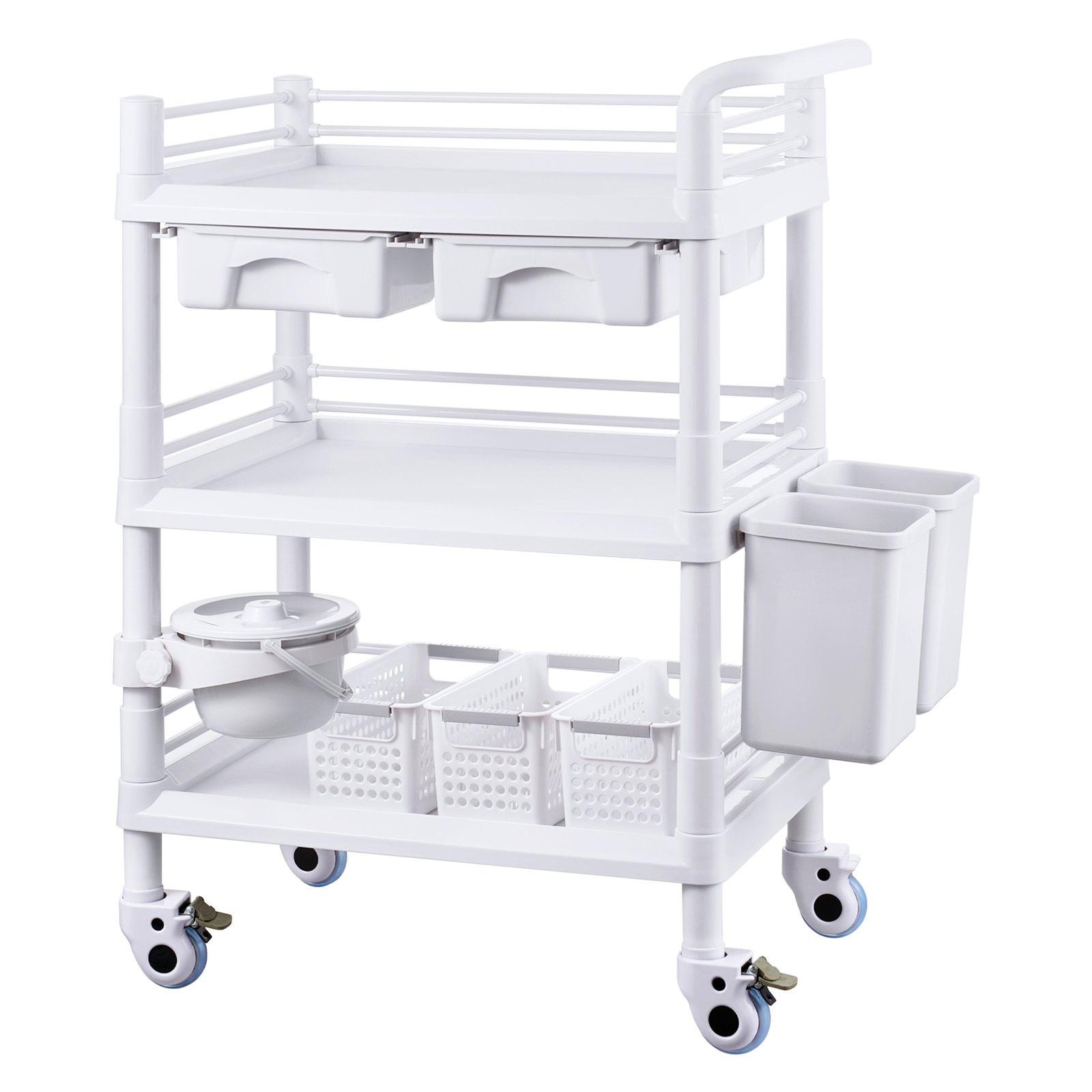 VEVOR 3 Tiers Lab Carts, Lab Utility Cart with 3 Trays & 4 Silent Wheels, Mobile Medical Cart with PP Material, Lab Rolling Cart with 3 Trash Cans for Lab, Clinic, Hospital, Salon, White