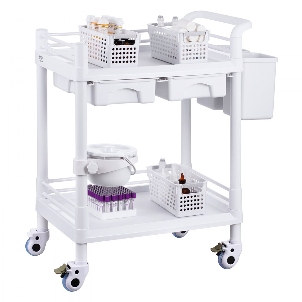 VEVOR 2 Tiers Lab Carts, Lab Utility Cart with 2 Trays, 2 Drawers & 4 Silent Wheels, Mobile Medical Cart with PP Material, Lab Rolling Cart with 3 Trash Cans for Lab, Clinic, Hospital, Salon, White