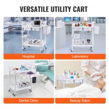 VEVOR 2 Tiers Lab Carts Mobile Medical Cart 2 Trays 2 Drawers 3 Trash Cans White, Trolley Storage Cart with PP Material, Lab Rolling Cart with 4 Silent Wheels for Lab, Clinic, Hospital, Salon, Office