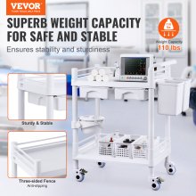 VEVOR 2 Tiers Lab Carts Mobile Medical Cart 2 Trays 2 Drawers 3 Trash Cans White, Trolley Storage Cart with PP Material, Lab Rolling Cart with 4 Silent Wheels for Lab, Clinic, Hospital, Salon, Office