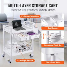 VEVOR 2 Tiers Lab Carts Mobile Medical Cart 2 Trays 2 Drawers 3 Trash Cans White, Trolley Storage Cart with PP Material, Lab Rolling Cart with 4 Silent Wheels for Lab, Clinic, Hospital, Salon, Office