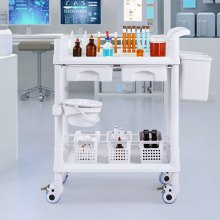 VEVOR 2 Tiers Lab Carts Mobile Medical Cart 2 Trays 2 Drawers 3 Trash Cans White, Trolley Storage Cart with PP Material, Lab Rolling Cart with 4 Silent Wheels for Lab, Clinic, Hospital, Salon, Office