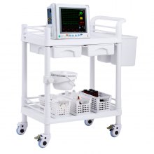 VEVOR 2 Tiers Lab Carts Mobile Medical Cart 2 Trays 2 Drawers 3 Trash Cans White, Trolley Storage Cart with PP Material, Lab Rolling Cart with 4 Silent Wheels for Lab, Clinic, Hospital, Salon, Office