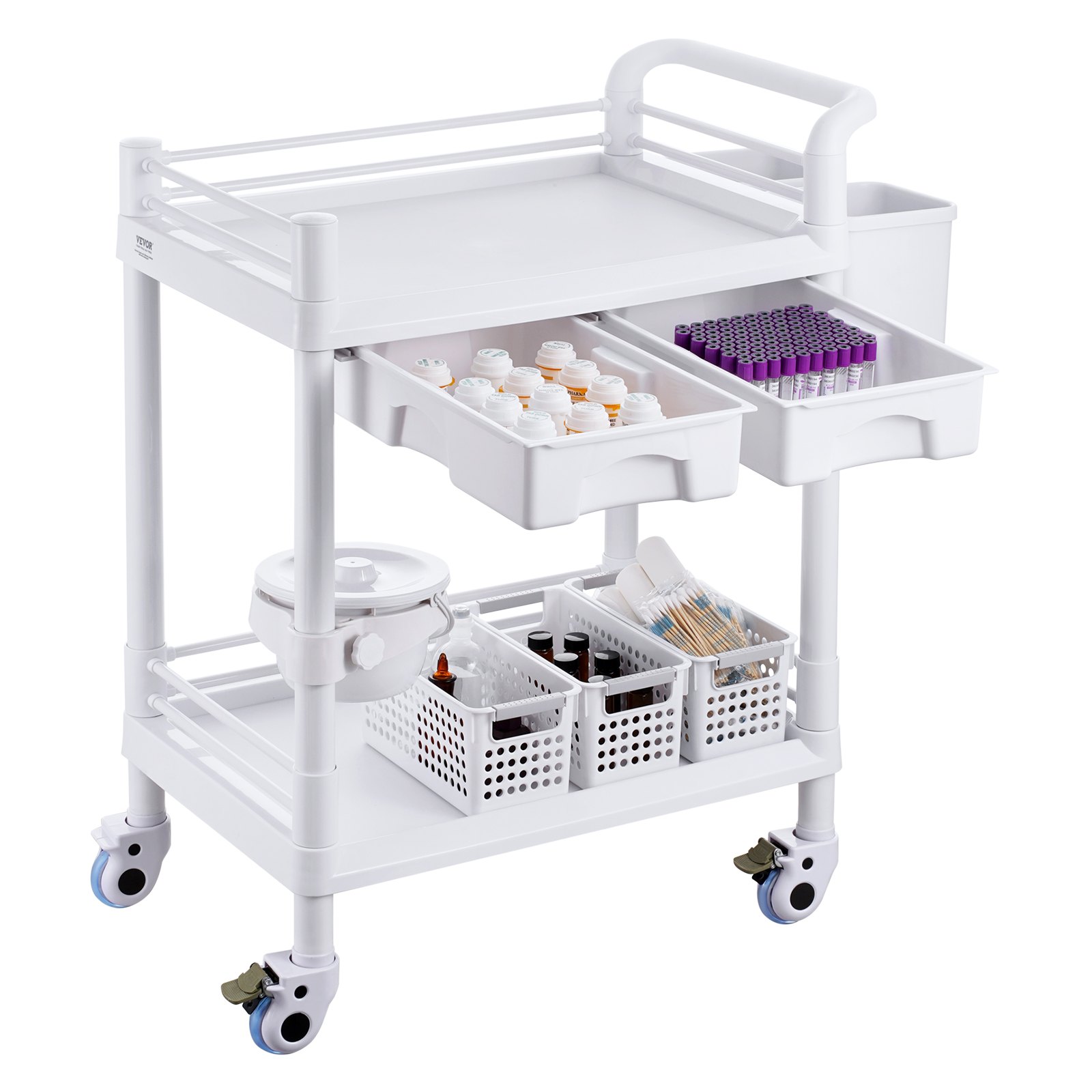 VEVOR 2 Tiers Lab Carts, Lab Utility Cart with 2 Trays, 2 Drawers & 4 Silent Wheels, Mobile Medical Cart with PP Material, Lab Rolling Cart with 3 Trash Cans for Lab, Clinic, Hospital, Salon, White