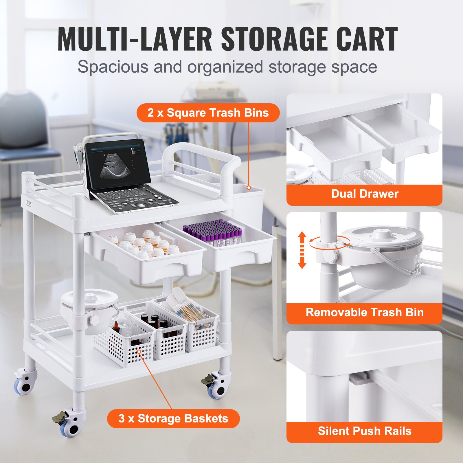 VEVOR 2 Tiers Lab Carts, Lab Utility Cart with 2 Trays, 2 Drawers & 4 Silent Wheels, Mobile Medical Cart with PP Material, Lab Rolling Cart with 3 Trash Cans for Lab, Clinic, Hospital, Salon, White