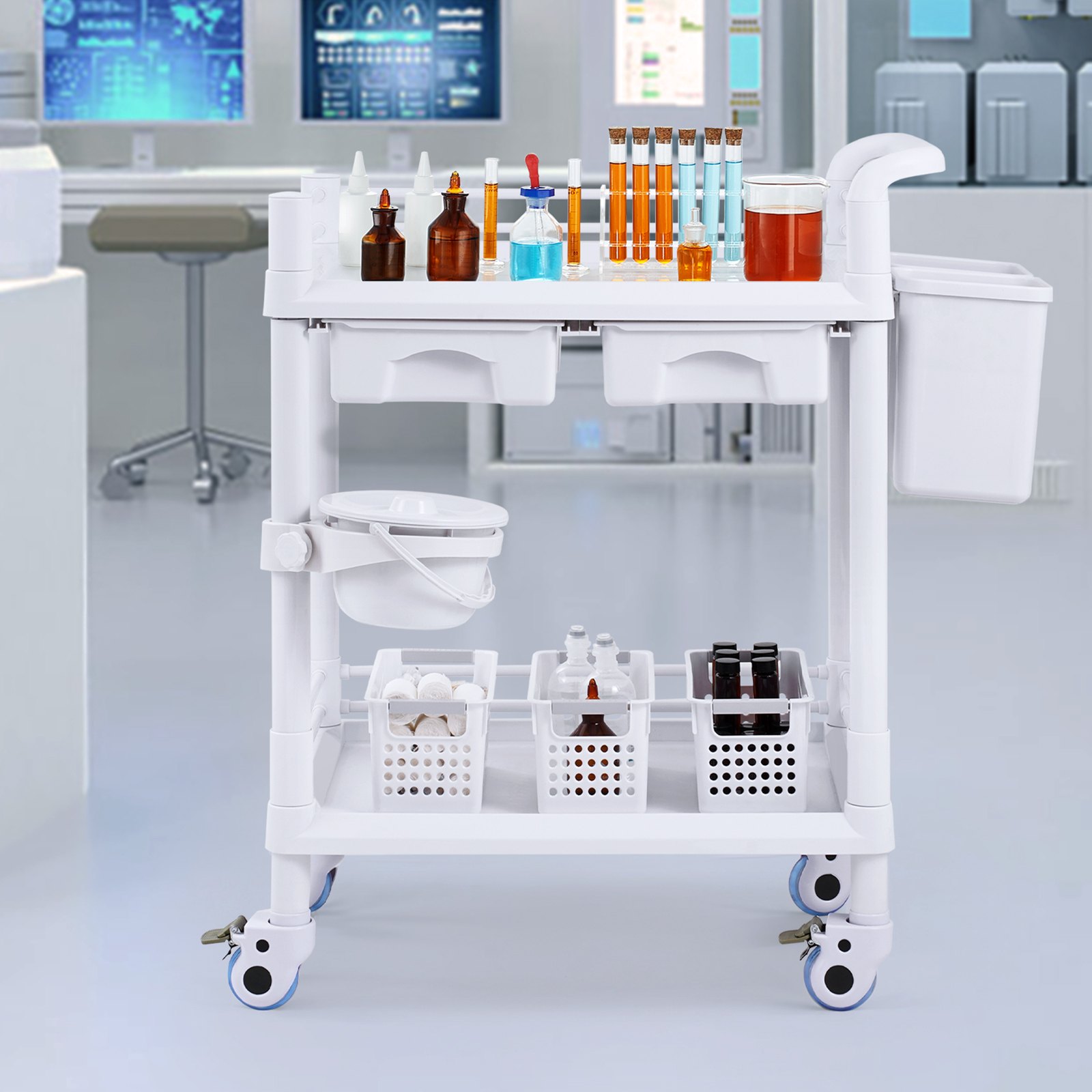 VEVOR 2 Tiers Lab Carts, Lab Utility Cart with 2 Trays, 2 Drawers & 4 Silent Wheels, Mobile Medical Cart with PP Material, Lab Rolling Cart with 3 Trash Cans for Lab, Clinic, Hospital, Salon, White