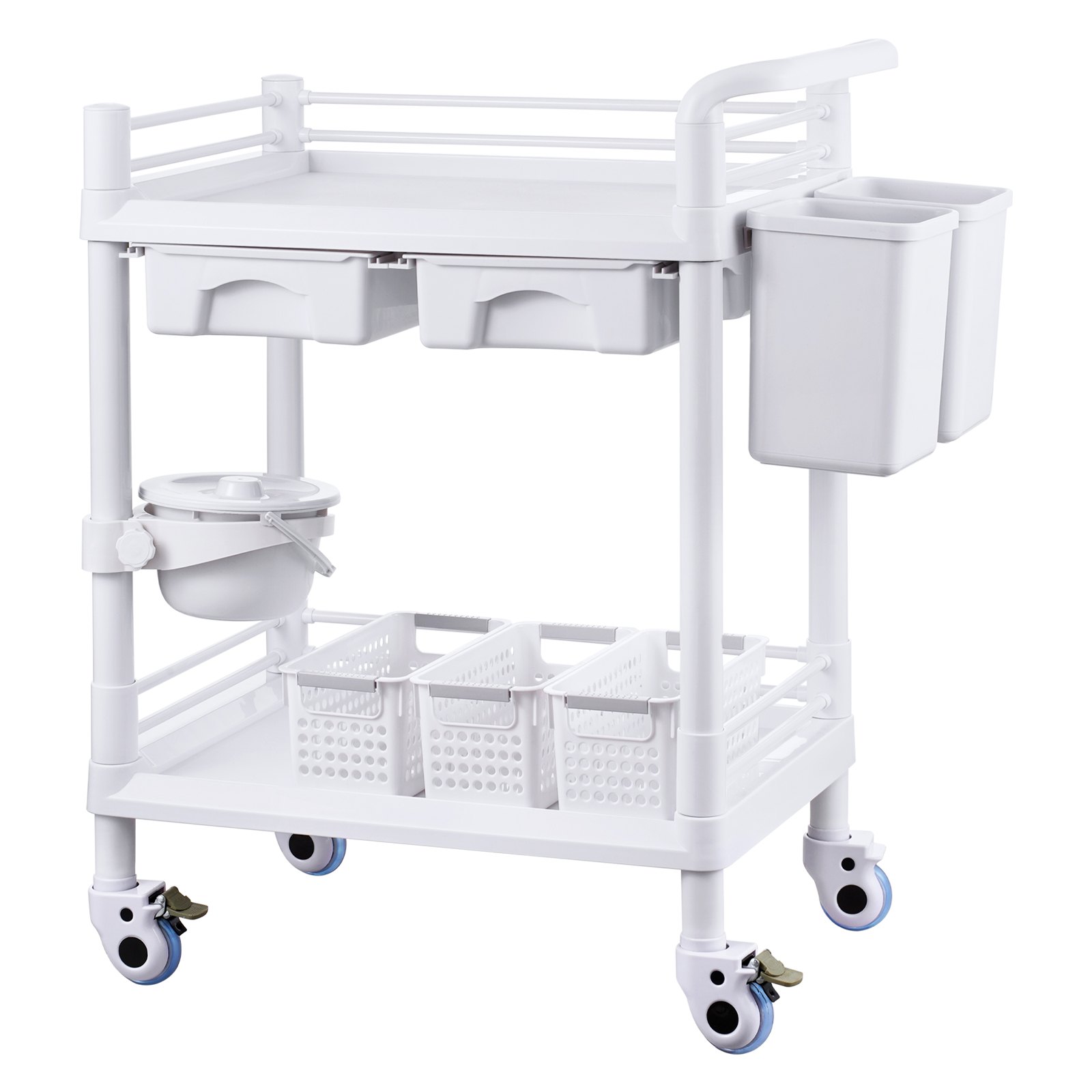 VEVOR 2 Tiers Lab Carts, Lab Utility Cart with 2 Trays, 2 Drawers & 4 Silent Wheels, Mobile Medical Cart with PP Material, Lab Rolling Cart with 3 Trash Cans for Lab, Clinic, Hospital, Salon, White
