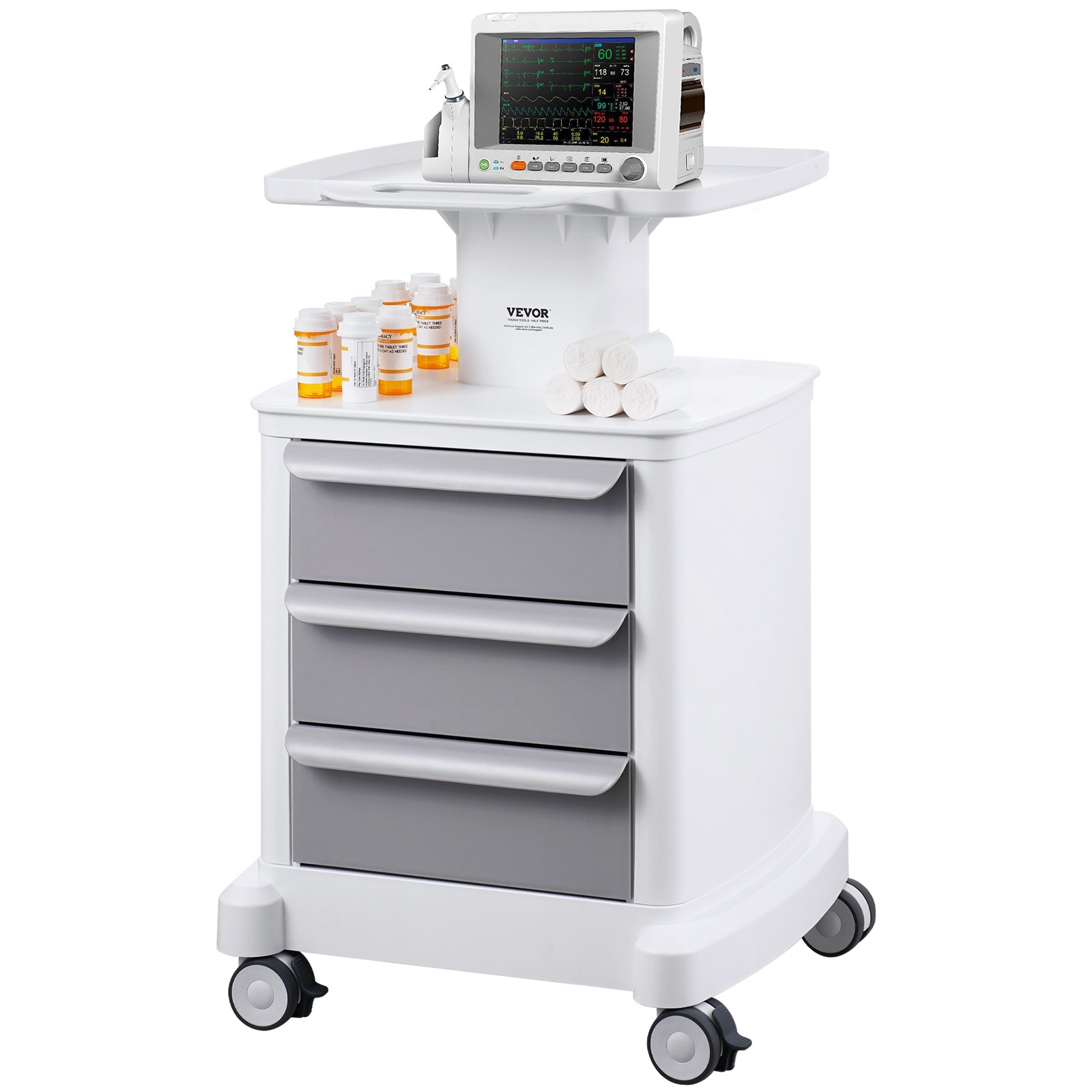 VEVOR 4 Tiers Lab Carts, Lab Utility Cart with 3 Drawers & 1 Top Tray, Mobile Medical Cart with ABS Material, Lab Rolling Cart with 4 Silent Wheels for Lab, Clinic, Hospital, Salon, White