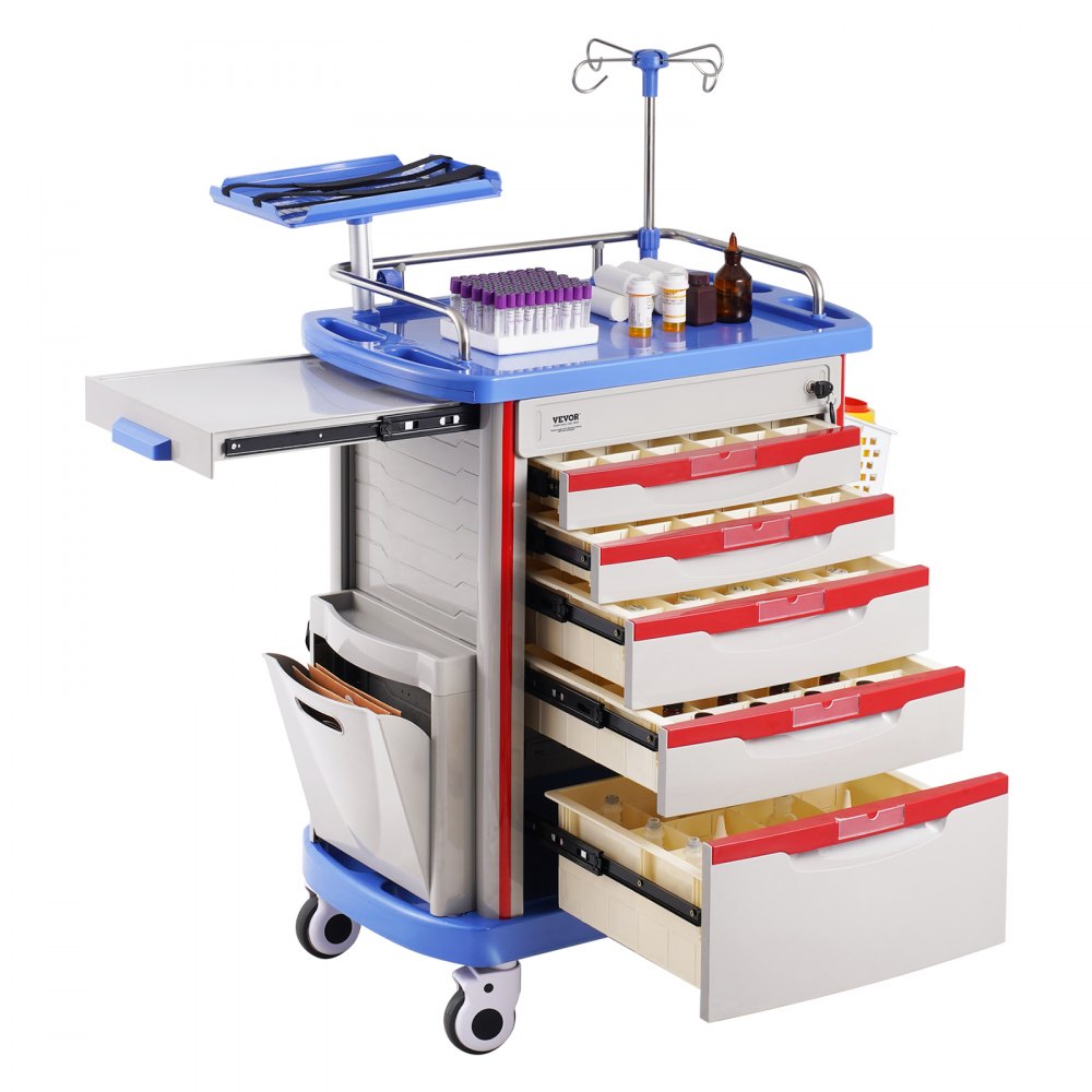 VEVOR 5 Tiers Lab Carts, Lab Utility Cart with 5 Drawers & 4 Silent Wheels, Mobile Medical Cart with PP Material, Lab Rolling Cart with 2 Trash Cans for Lab, Clinic, Hospital, Salon, Blue