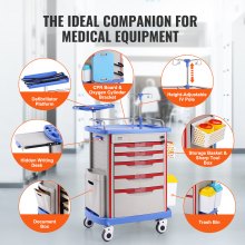 VEVOR 5 Tiers Lab Carts Mobile Medical Cart with 5 Drawers & 2 Trash Cans Blue, Trolley Storage Cart with PP Material, Lab Rolling Cart with 4 Silent Wheels for Lab, Clinic, Hospital, Salon, Office, Bule