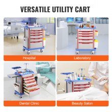 VEVOR 5 Tiers Lab Carts Mobile Medical Cart with 5 Drawers & 2 Trash Cans Blue, Trolley Storage Cart with PP Material, Lab Rolling Cart with 4 Silent Wheels for Lab, Clinic, Hospital, Salon, Office, Bule