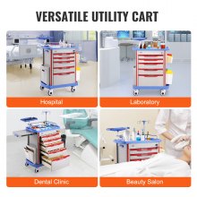 VEVOR 5 Tiers Lab Carts Mobile Medical Cart with 5 Drawers & 2 Trash Cans Blue