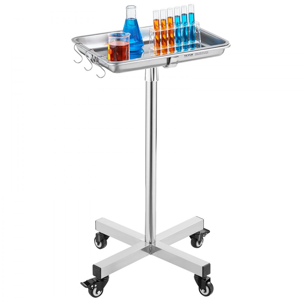 VEVOR Mayo Stand, Stainless Steel Mayo Tray, Load Capacity up to 35 lbs, Adjustable Height 25.2"-39.8", Medical Tray on Wheels with Removable Tray for Spa, Salon, Clinic, Personal Care