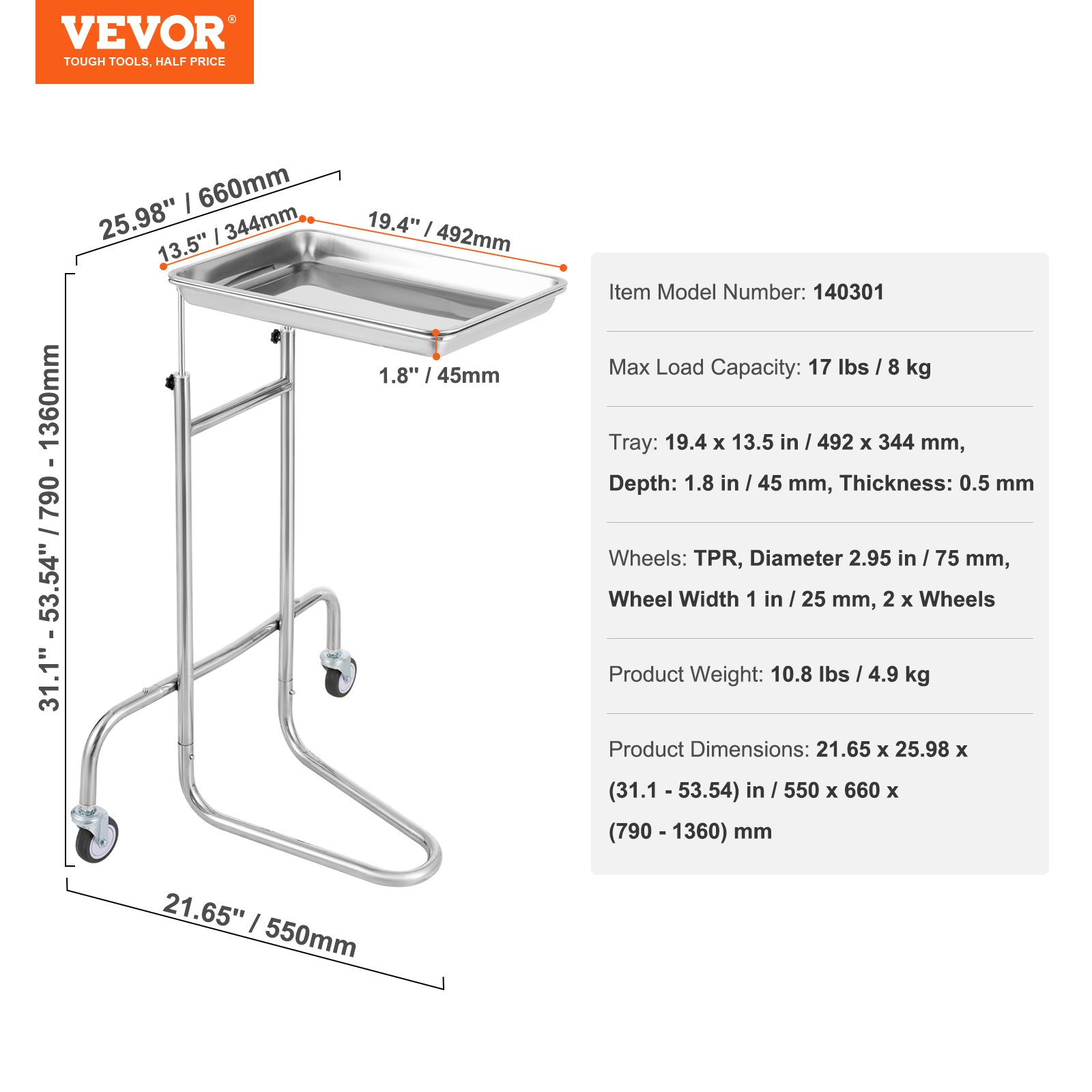 VEVOR Stainless Steel Lab Carts, Lab Utility Cart with Single Tray, Mobile Medical Cart with 2 Silent Wheels, Lab Rolling Cart for Lab, Clinic, Hospital, Salon