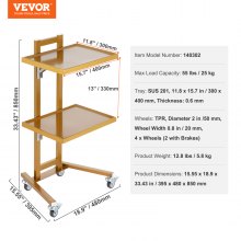 VEVOR 2 Tiers Stainless Steel Lab Carts with 2 Trays & 4 Silent Wheels Golden