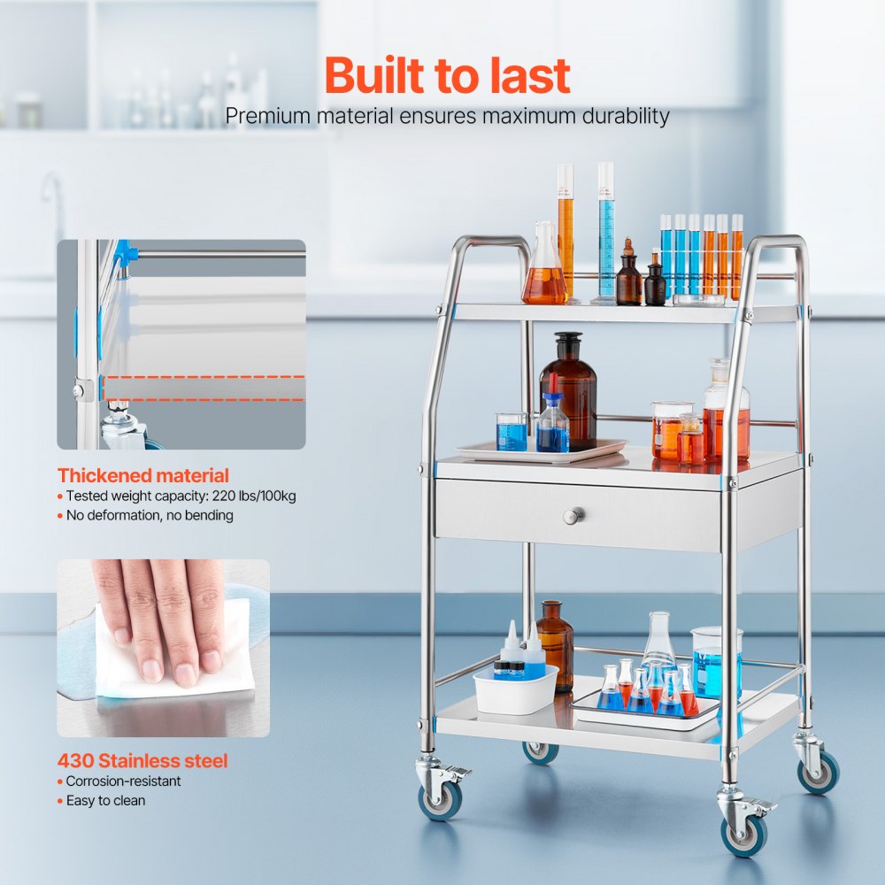 VEVOR Service Cart, 3 Layers Stainless Steel Utility Rolling Cart, Medical Cart with Drawer, Dental Utility Cart with Lockable Wheels, Ideal for Laboratory, Hospital, Dental Use