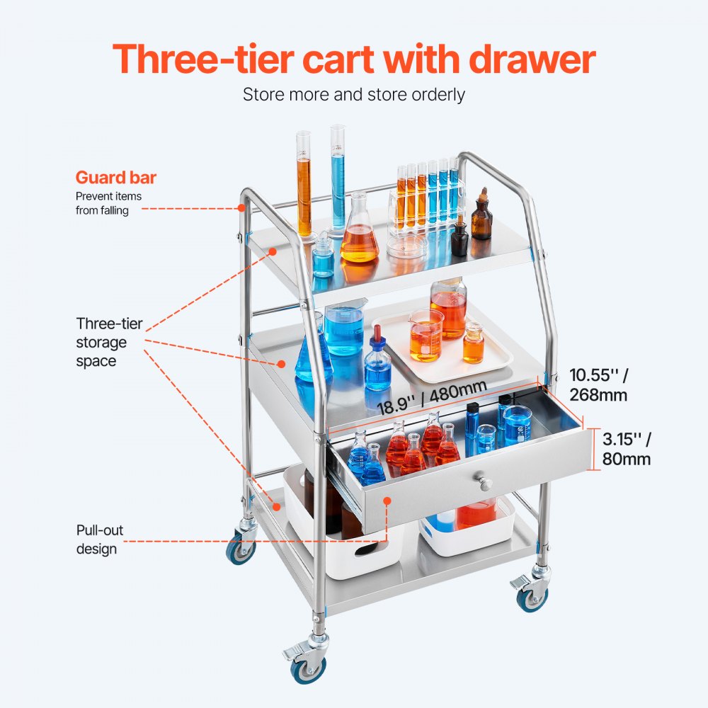 VEVOR Service Cart, 3 Layers Stainless Steel Utility Rolling Cart, Medical Cart with Drawer, Dental Utility Cart with Lockable Wheels, Ideal for Laboratory, Hospital, Dental Use