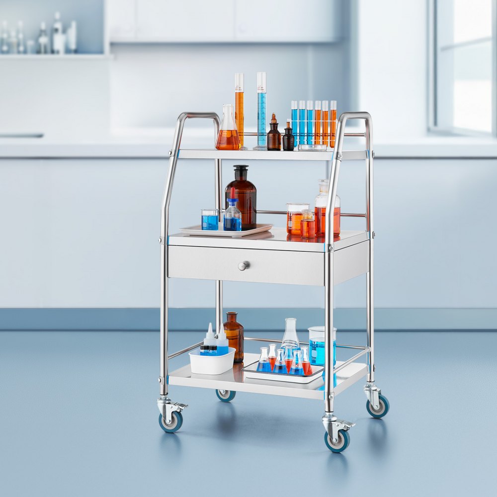 VEVOR Service Cart, 3 Layers Stainless Steel Utility Rolling Cart, Medical Cart with Drawer, Dental Utility Cart with Lockable Wheels, Ideal for Laboratory, Hospital, Dental Use