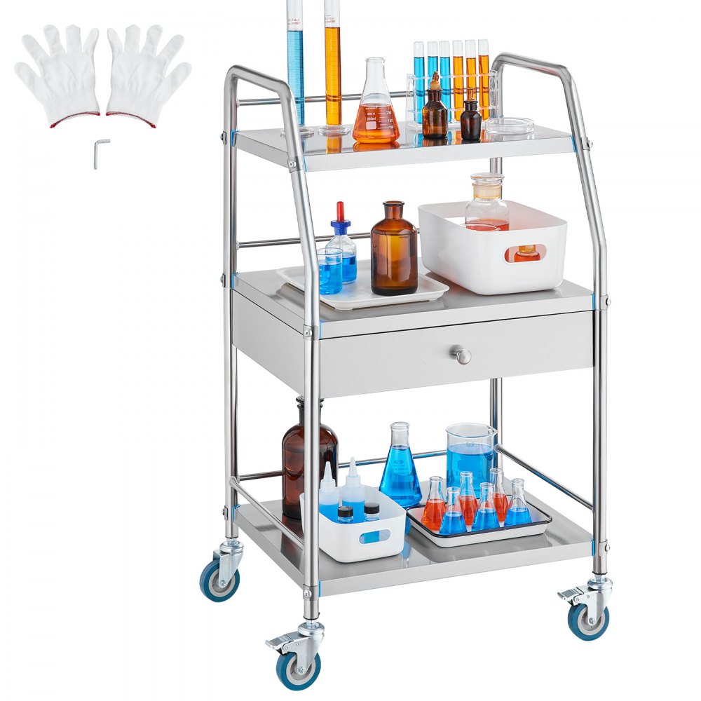 Lab Rolling Cart Dental Lab Serving Cart 3 Tiers Drawer Stainless Steel