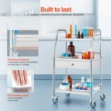 VEVOR Service Cart, 3 Layers Stainless Steel Utility Rolling Cart with Drawer, Lockable Wheels, Ideal for Laboratory, Hospital, Dental Use