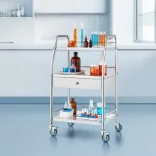 VEVOR Service Cart, 3 Layers Stainless Steel Utility Rolling Cart with Drawer, Lockable Wheels, Ideal for Laboratory, Hospital, Dental Use
