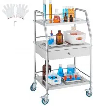 VEVOR Service Cart, 3 Layers Stainless Steel Utility Rolling Cart with Drawer, Lockable Wheels, Ideal for Laboratory, Hospital, Dental Use