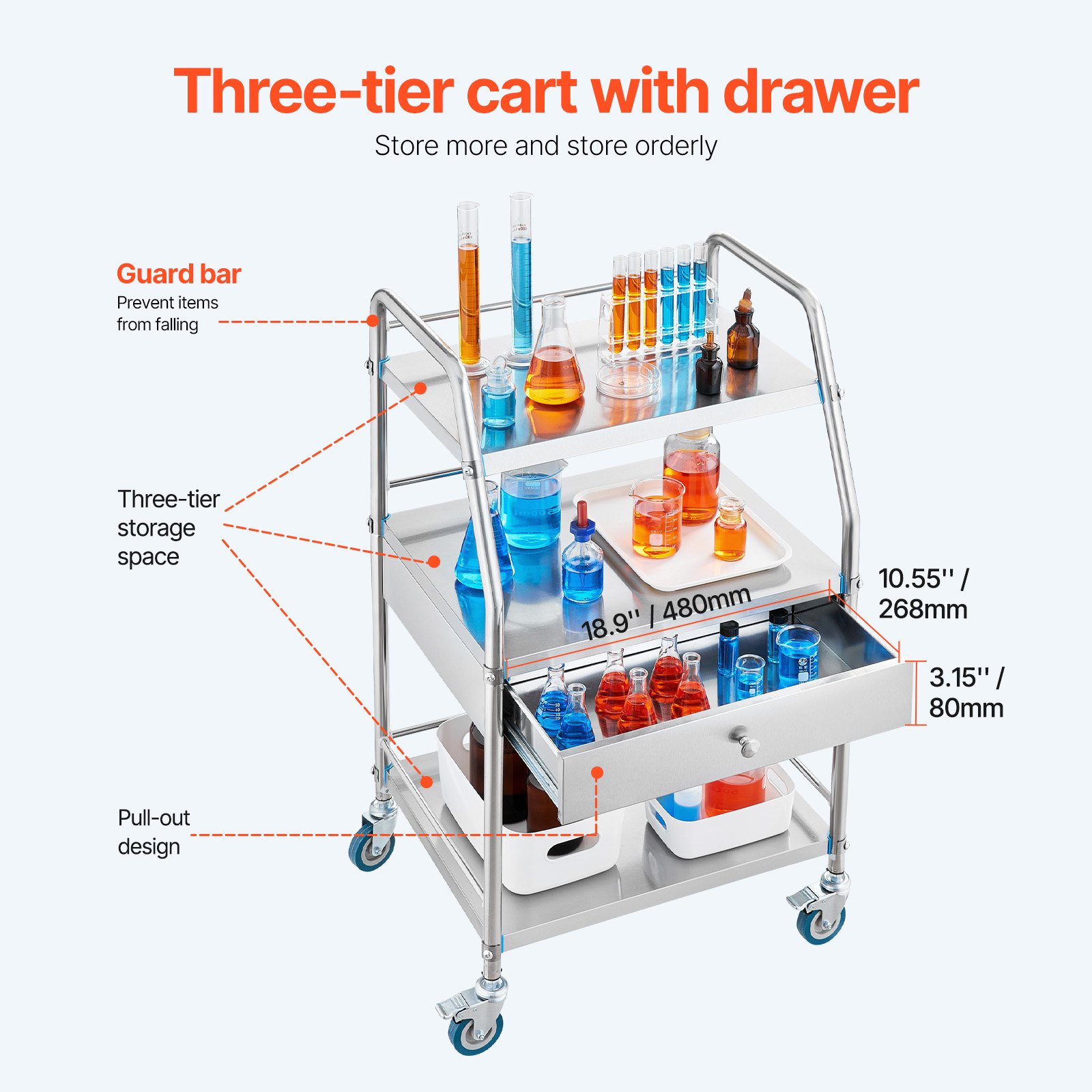 VEVOR Service Cart, 3 Layers Stainless Steel Utility Rolling Cart, Medical Cart with Drawer, Dental Utility Cart with Lockable Wheels, Ideal for Laboratory, Hospital, Dental Use
