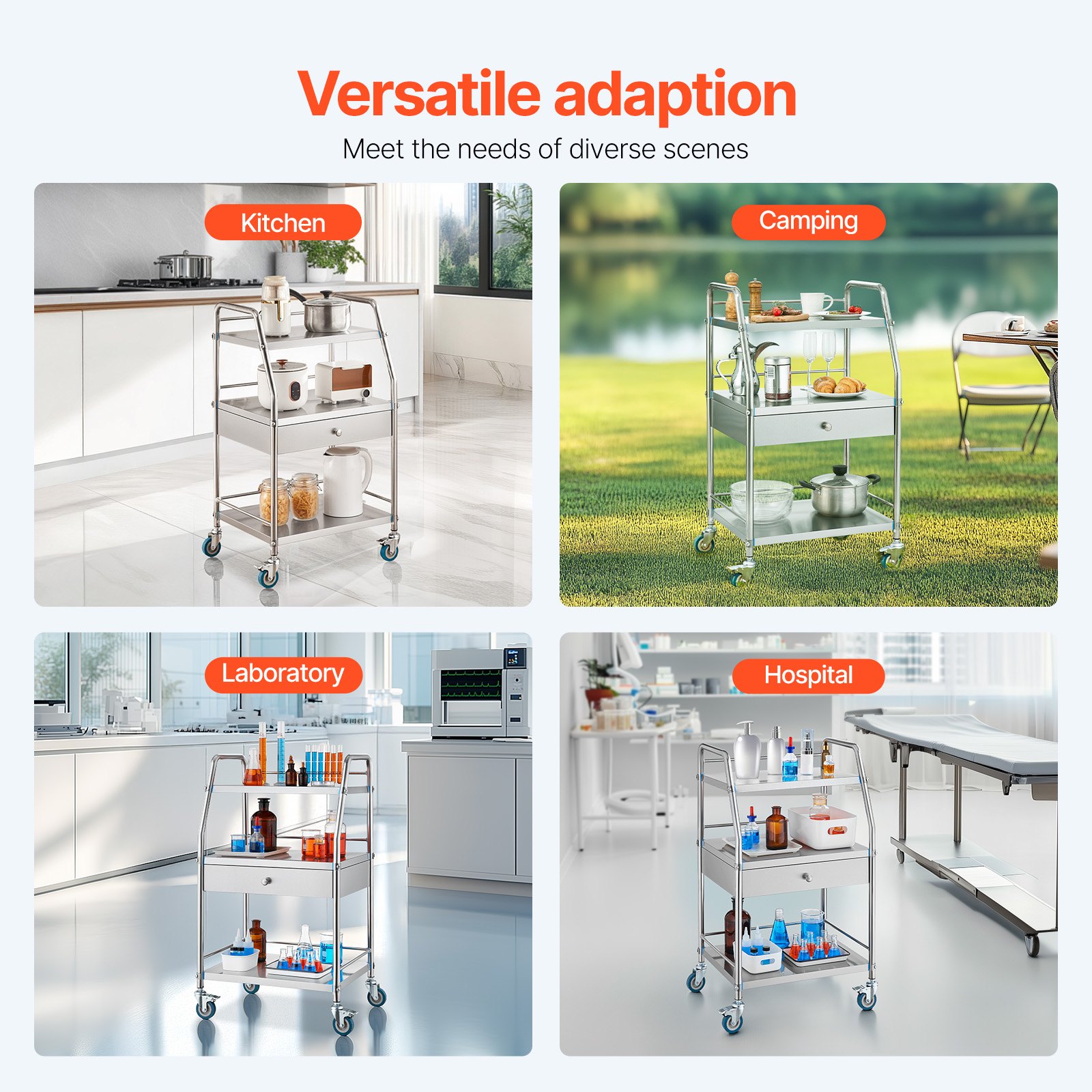 VEVOR Service Cart, 3 Layers Stainless Steel Utility Rolling Cart, Medical Cart with Drawer, Dental Utility Cart with Lockable Wheels, Ideal for Laboratory, Hospital, Dental Use