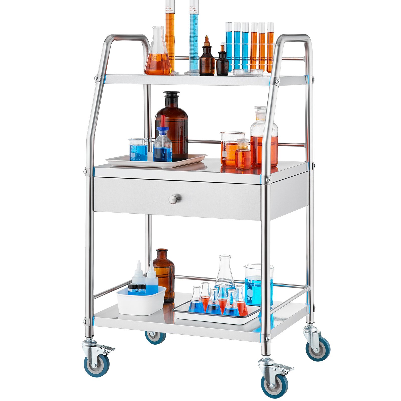 VEVOR Service Cart, 3 Layers Stainless Steel Utility Rolling Cart, Medical Cart with Drawer, Dental Utility Cart with Lockable Wheels, Ideal for Laboratory, Hospital, Dental Use