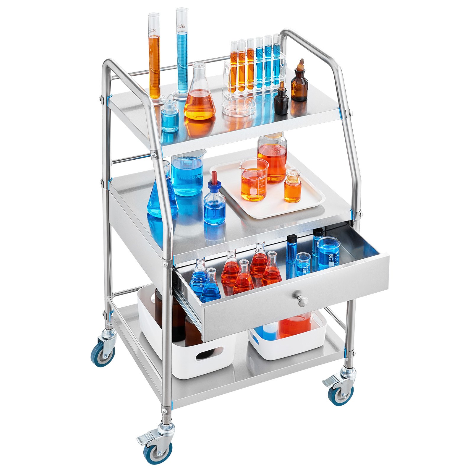 VEVOR Service Cart, 3 Layers Stainless Steel Utility Rolling Cart, Medical Cart with Drawer, Dental Utility Cart with Lockable Wheels, Ideal for Laboratory, Hospital, Dental Use