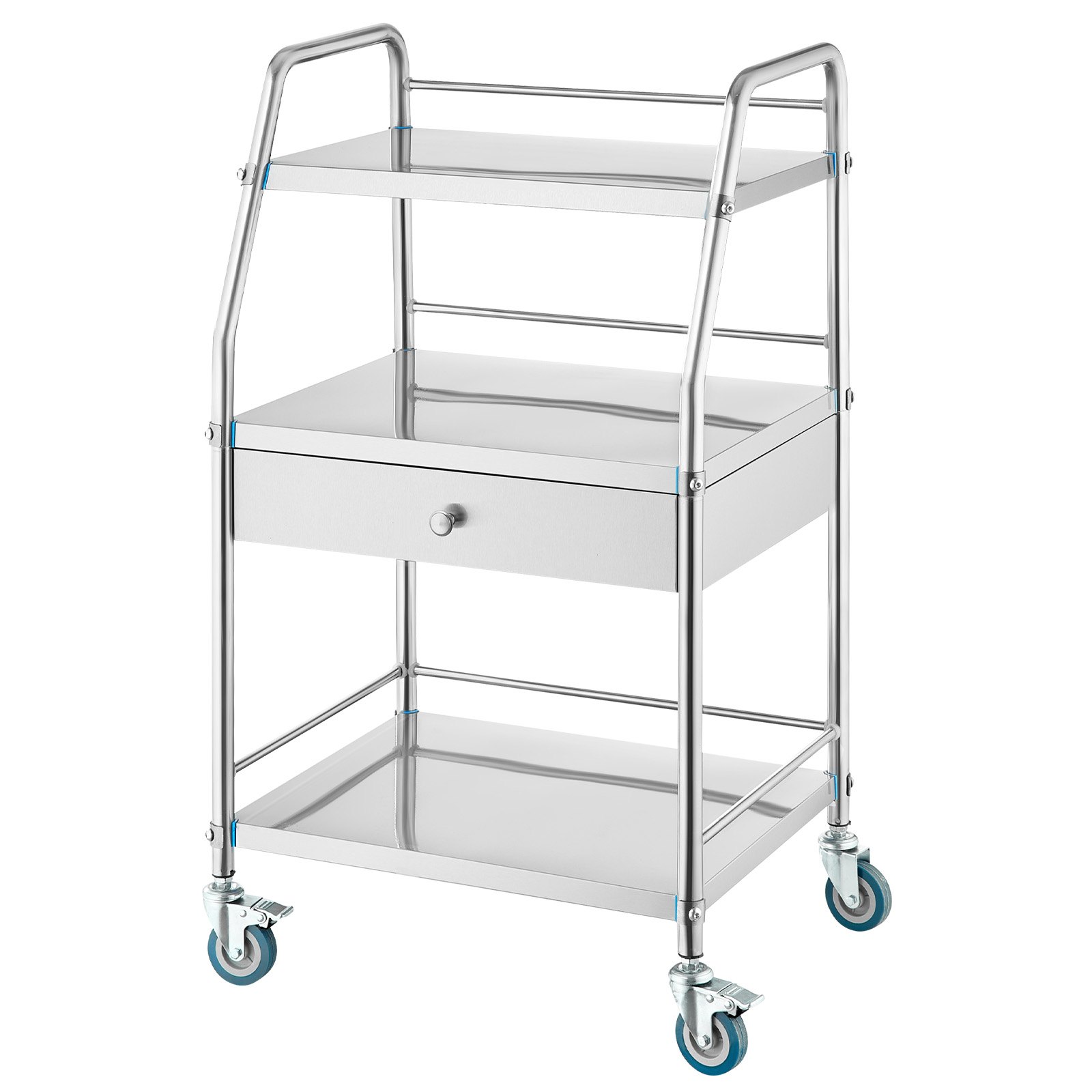 VEVOR Service Cart, 3 Layers Stainless Steel Utility Rolling Cart, Medical Cart with Drawer, Dental Utility Cart with Lockable Wheels, Ideal for Laboratory, Hospital, Dental Use