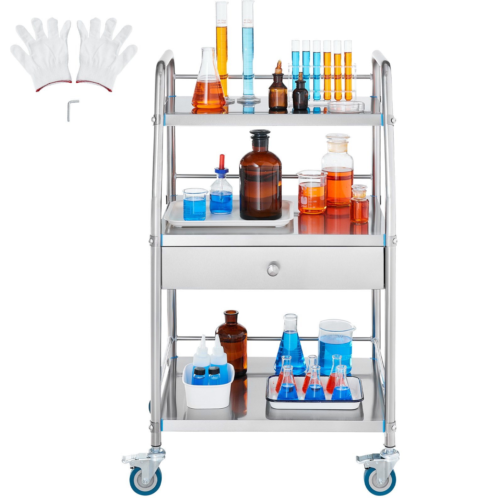 VEVOR Service Cart, 3 Layers Stainless Steel Utility Rolling Cart, Medical Cart with Drawer, Dental Utility Cart with Lockable Wheels, Ideal for Laboratory, Hospital, Dental Use