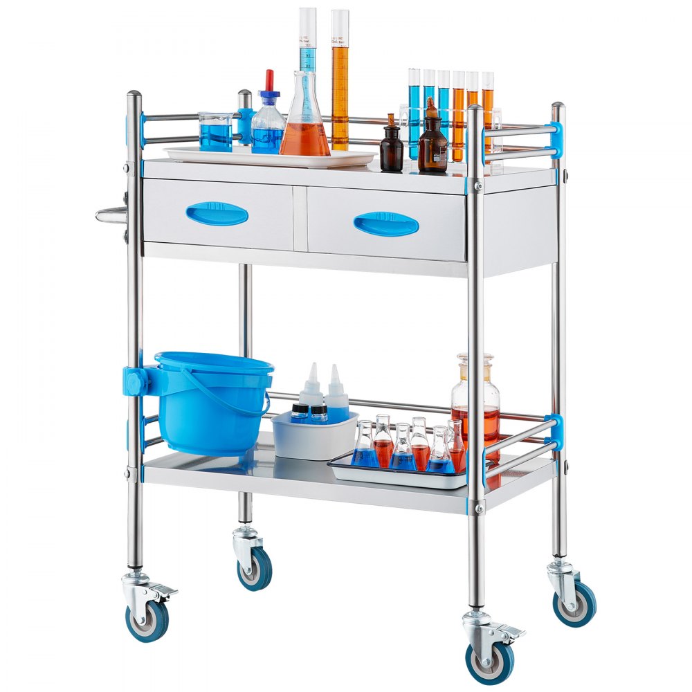 VEVOR Service Cart, 2 Layers Stainless Steel Utility Rolling Cart, Medical Cart with Two Drawers, Dental Utility Cart with Lockable Wheels and A Bucket, Ideal for Laboratory, Hospital, Dental Use