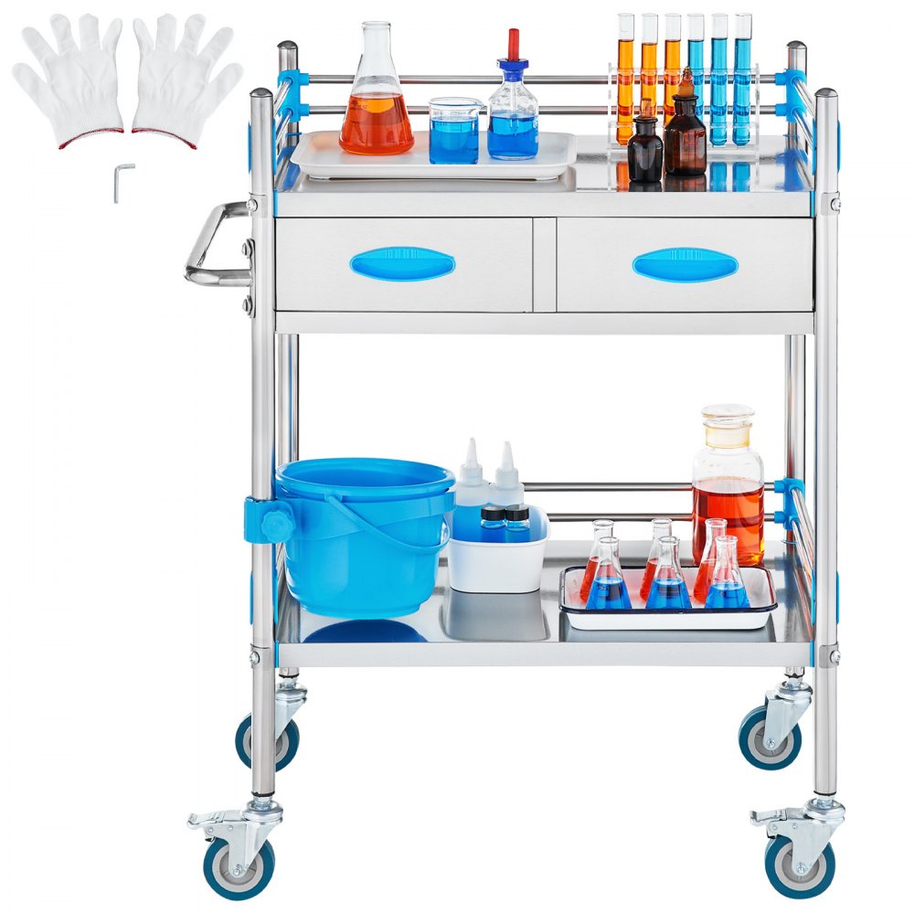 VEVOR Service Cart, 2 Layers Stainless Steel Utility Rolling Cart, Medical Cart with Two Drawers, Dental Utility Cart with Lockable Wheels and A Bucket, Ideal for Laboratory, Hospital, Dental Use