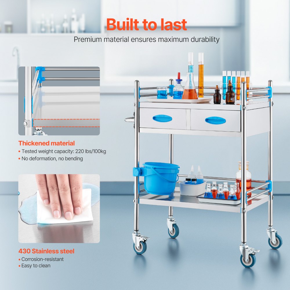 VEVOR Service Cart, 2 Layers Stainless Steel Utility Rolling Cart, Medical Cart with Two Drawers, Dental Utility Cart with Lockable Wheels and A Bucket, Ideal for Laboratory, Hospital, Dental Use
