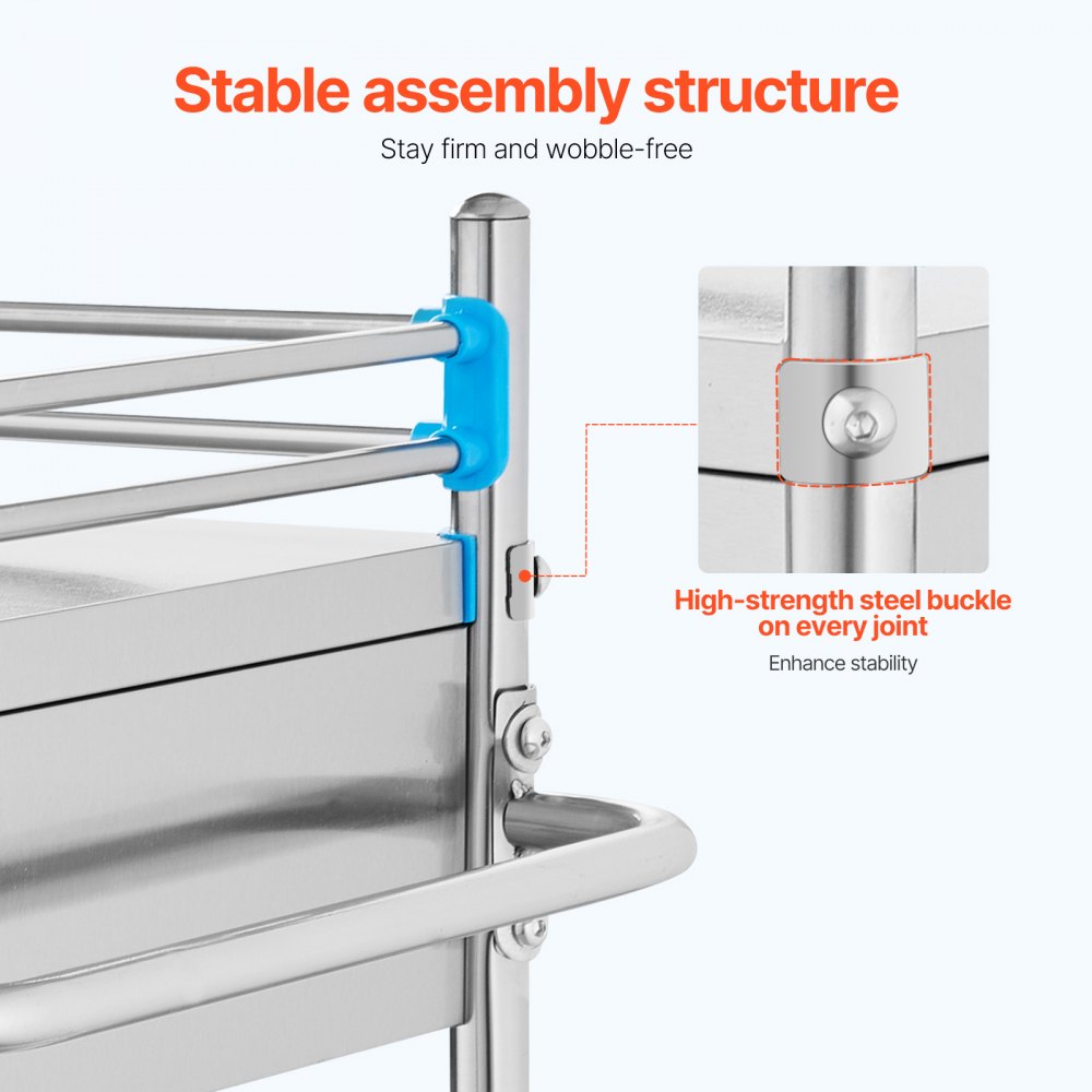VEVOR Service Cart, 2 Layers Stainless Steel Utility Rolling Cart, Medical Cart with Two Drawers, Dental Utility Cart with Lockable Wheels and A Bucket, Ideal for Laboratory, Hospital, Dental Use