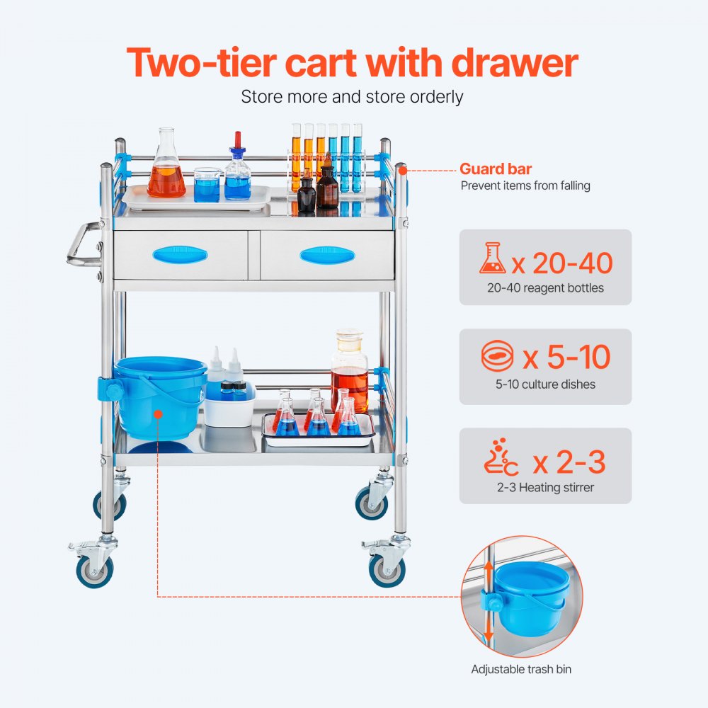 VEVOR Service Cart, 2 Layers Stainless Steel Utility Rolling Cart, Medical Cart with Two Drawers, Dental Utility Cart with Lockable Wheels and A Bucket, Ideal for Laboratory, Hospital, Dental Use