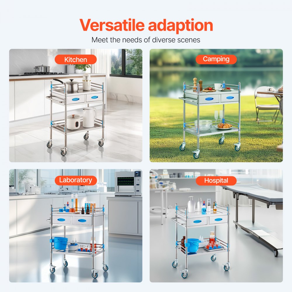 VEVOR Service Cart, 2 Layers Stainless Steel Utility Rolling Cart, Medical Cart with Two Drawers, Dental Utility Cart with Lockable Wheels and A Bucket, Ideal for Laboratory, Hospital, Dental Use