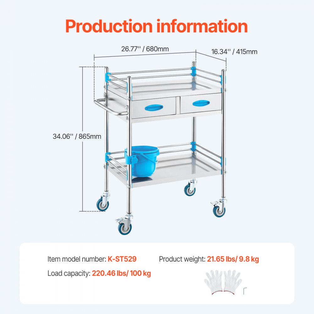 VEVOR Service Cart, 2 Layers Stainless Steel Utility Rolling Cart, Medical Cart with Two Drawers, Dental Utility Cart with Lockable Wheels and A Bucket, Ideal for Laboratory, Hospital, Dental Use