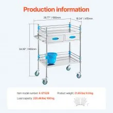 VEVOR Stainless Steel Utility Cart, 2 Layers with Two Lockable Wheels, Ideal for Laboratory, Hospital, Dental Use