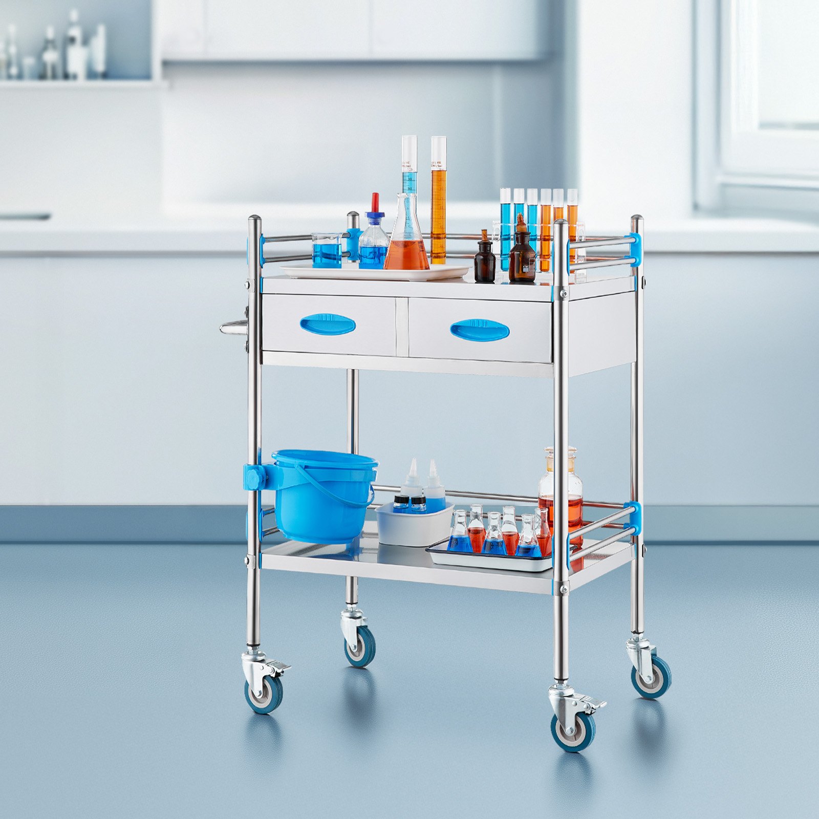 VEVOR Service Cart, 2 Layers Stainless Steel Utility Rolling Cart, Medical Cart with Two Drawers, Dental Utility Cart with Lockable Wheels and A Bucket, Ideal for Laboratory, Hospital, Dental Use