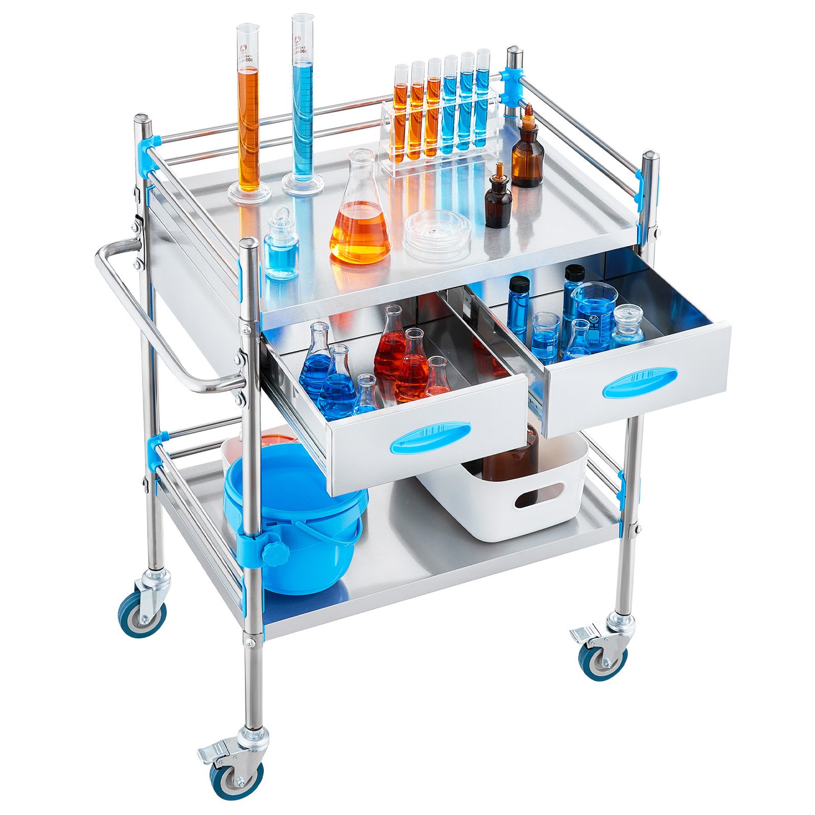VEVOR Service Cart, 2 Layers Stainless Steel Utility Rolling Cart, Medical Cart with Two Drawers, Dental Utility Cart with Lockable Wheels and A Bucket, Ideal for Laboratory, Hospital, Dental Use