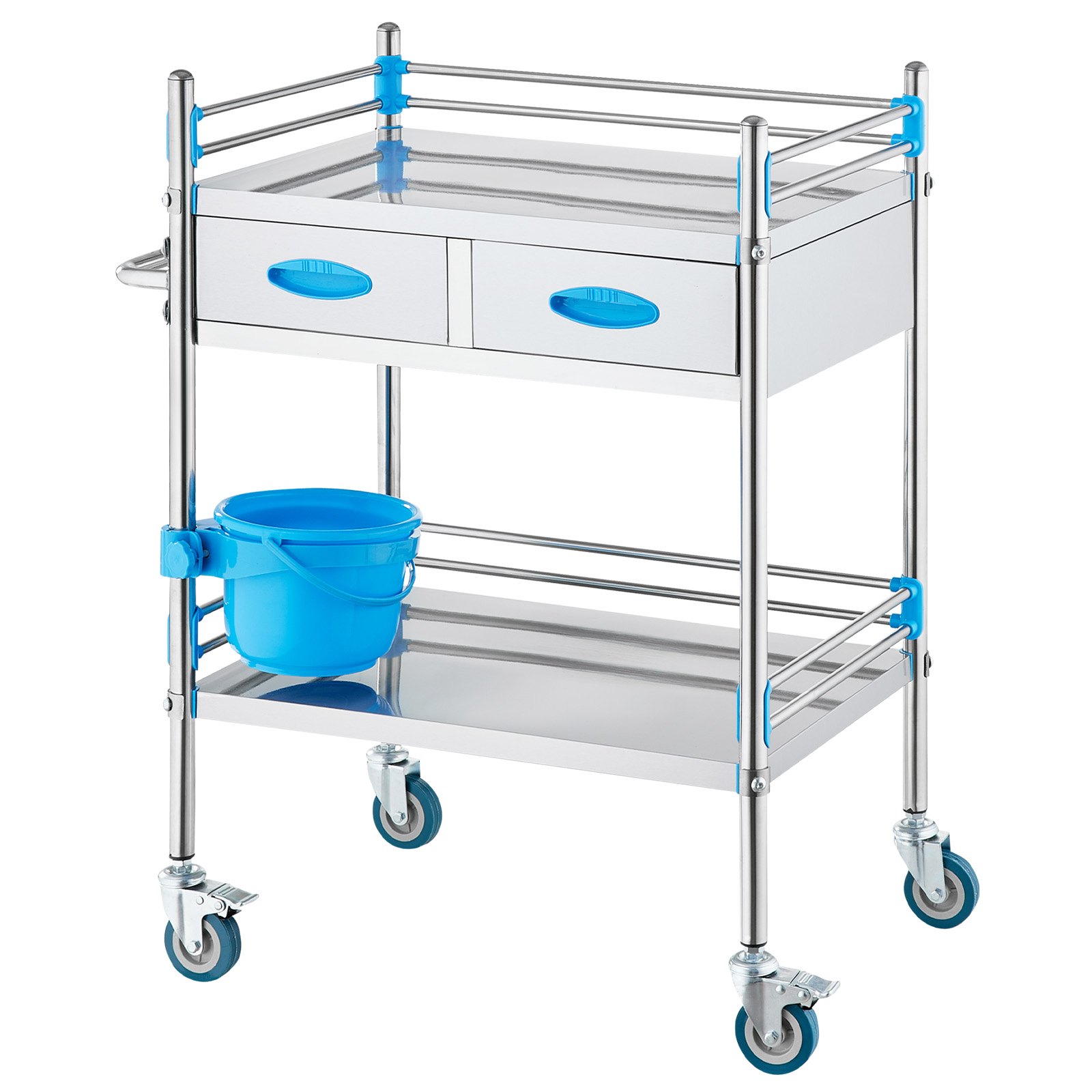 VEVOR Service Cart, 2 Layers Stainless Steel Utility Rolling Cart, Medical Cart with Two Drawers, Dental Utility Cart with Lockable Wheels and A Bucket, Ideal for Laboratory, Hospital, Dental Use