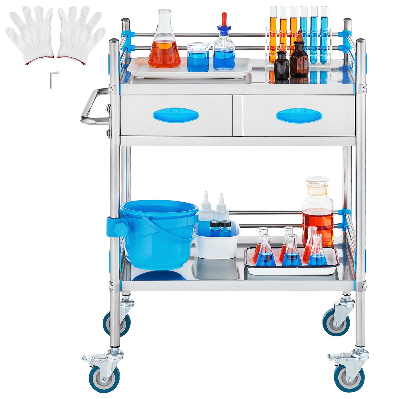 VEVOR Service Cart, 2 Layers Stainless Steel Utility Rolling Cart, Medical Cart with Two Drawers, Dental Utility Cart with Lockable Wheels and A Bucket, Ideal for Laboratory, Hospital, Dental Use